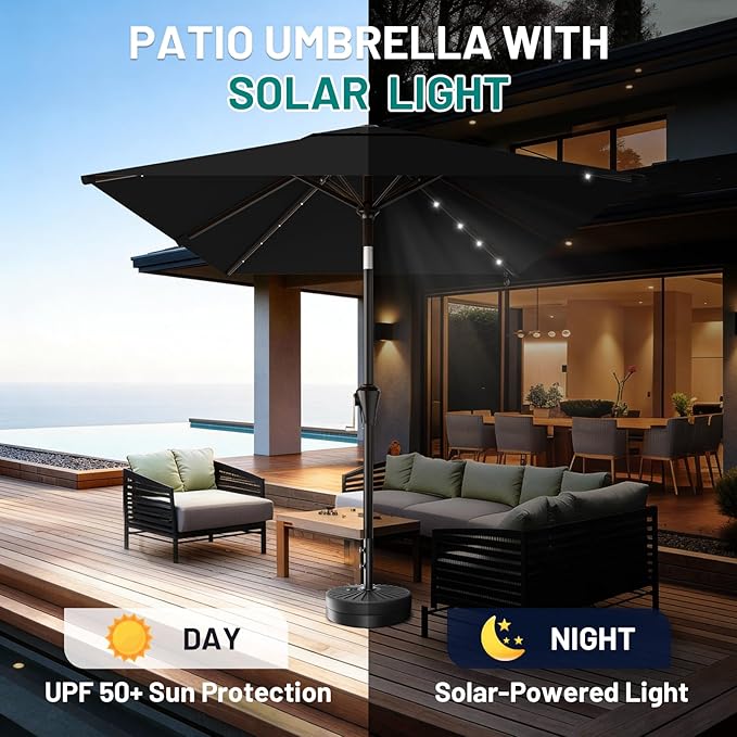 AreShark 6.5' x 10' Rectangular Patio Umbrella with Solar Lights, Solar Powered Lighted Market Umbrella w/Tilt and Crank, Outdoor Table Umbrella for Garden, Deck, Backyard, Pool and Beach, Black