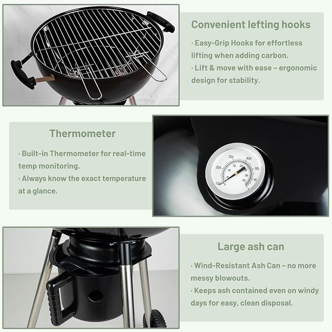 18-Inch Kettle Charcoal Grill with Lid & Wheels | Beginner-Friendly, For Backyard, Patio & Family Cookouts, Easy-to-Use, Ash Catcher