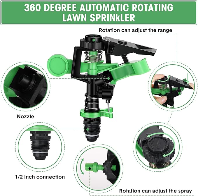 Chengu 4 Pcs Impact Lawn Sprinkler for Yard Heavy Duty Water Plastic Sprinkler Head with Zinc Alloy Spike Base Adjustable 360 Degree Pulsating Sprinklers for Large Area Yard Lawn Garden Irrigation