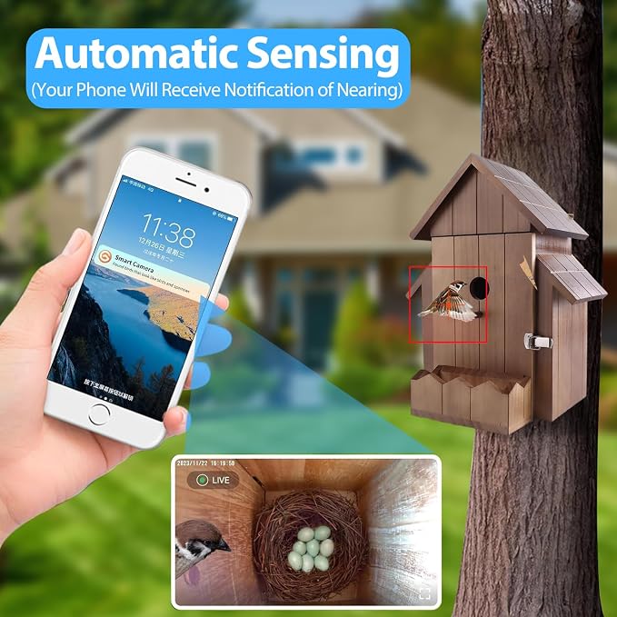 Smart Bird House with Camera, 1080p HD 2.4G WiFi Outdoor Bird Box. Features Auto Capture Bird Video & Motion Detection, Night Vision, App Alerts and Serves as a Bird Nesting Box (Dark, Normal)