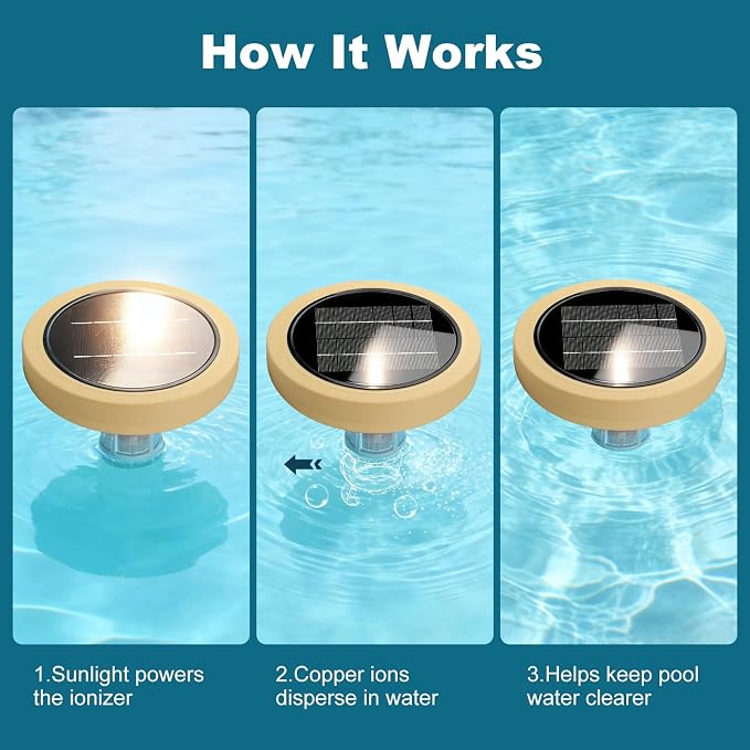 Solar Pool Ionizer for Above Ground, Solar Powered Floating Copper Purifier, Reduce Chlorine 85%, Up to 45,000 Gallons, Swimming Pools Water Cleaner for In-ground Pools and Spas (Yellow)
