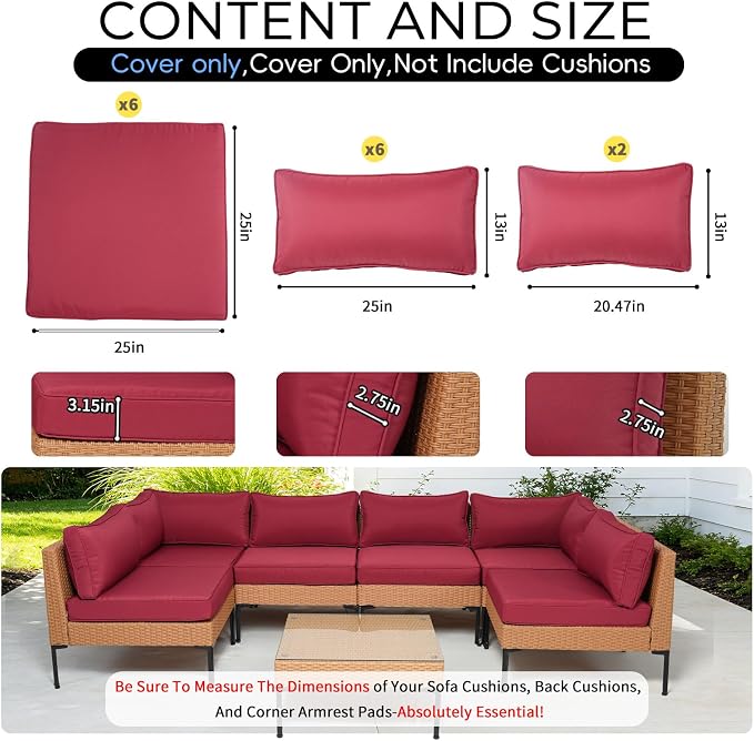 14 Piece Outdoor Patio Cushion Covers Replacement Waterproof with Zipper for 6-Seater Sectional Couch Chair Sofa Seat Cushions Slipcovers Set, Only Cover