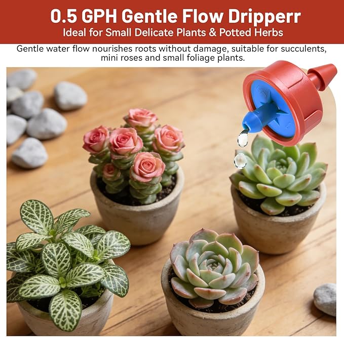 100 PCS 0.5 GPH Pressure Compensating Drip Irrigation Spot Watering Dripper, Gentle Flow Anti-Clog Drip Irrigation Emitters Heads Irrigation Drippers Parts for Indoor Outdoor Small Potted Plants