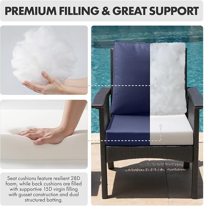 MIULEE Navy Outdoor Dining Cushion 20x20 Inch Waterproof & 3 Year Color Fastness Deep Seat and Back Cushion for Patio Furniture Chair with Ties