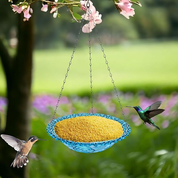 4 Pack Hanging Bird Baths Bowl Outdoor Bird Feeder 15.7 Inch Metal Chains, Weather-Resistant Hanging Bird Feeder & Bath Tray for Garden, Patio, Backyard Wildlife Decor (2P Blue)