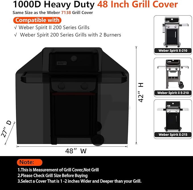 [Upgraded 1000D Heavy Duty Fabric] 48" Grill Cover for Weber Spirit and Spirit II 200 Series Outdoor Gas Grills, Super Waterproof BBQ Cover, Tear &Fade Resistant 7138 Grill Cover for Weber with Buckle