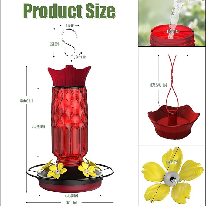 Hummingbird Feeders for Outdoors, Hanging Hummingbird Feeder with 5 Flower-Shaped Feeding Ports, 16 Oz Bird Feeder with Bee Proof & Built-in Ant Moat, Outdoor Garden Decor Gifts for Women Mom