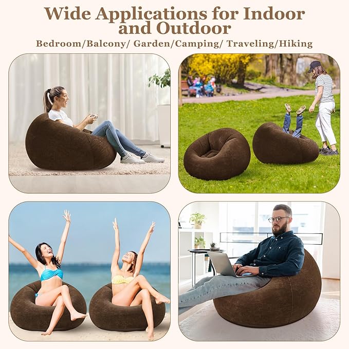 Realspring Inflatable Bean Bag Chairs Outdoor Blow up Camping Chairs Inflatable Lazy Sofa Folding Portable Bean Bag Loungers Couch for Movie Night(Dark Coffee,12 Pcs)