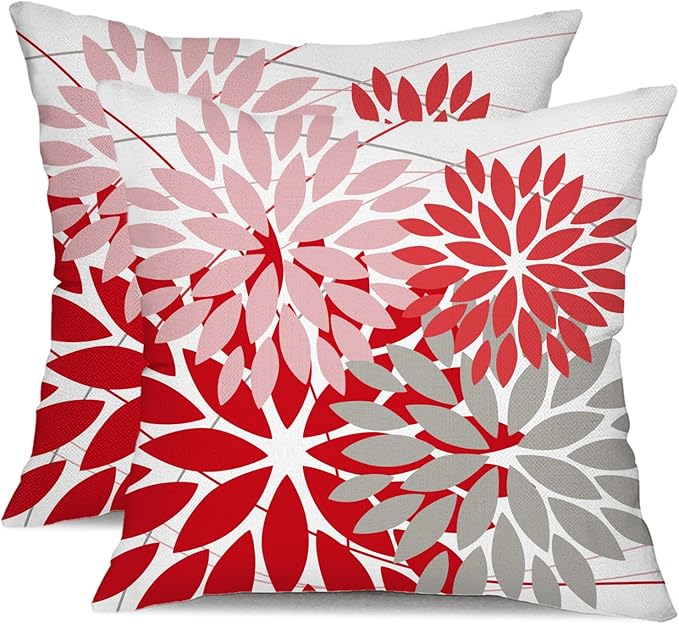 DFXSZ Outdoor Pillow Covers 16x16 Inch Set of 2 Pink Red Grey Flower Decorative Waterproof Summer Outdoor Pillow Covers Valentines Pillow Covers for Patio Funiture Garden Couch 168M16