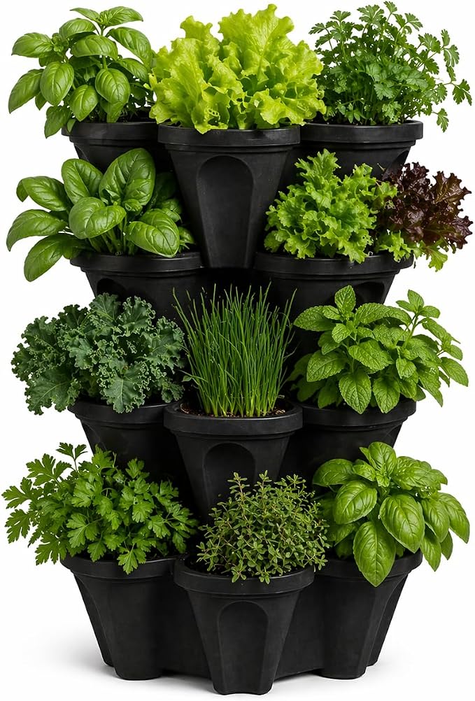 Vertical Garden Planter 4 Tier Stackable System 16 Plants, Space Saving Herb, Strawberry & Food Crop Planter with Center Support Hole for Indoor Outdoor Gardening (4, Midnight Black, Small)