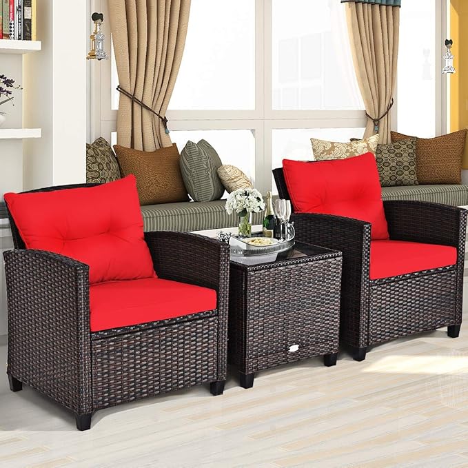 COSTWAY 3PCS Patio Furniture Set, PE Rattan Wicker Sofa w/Washable Cushion and Coffee Table, Tempered Glass Tabletop, Outdoor Conversation Set for Balcony, Porch, Yard, Backyard, Lawn, Red