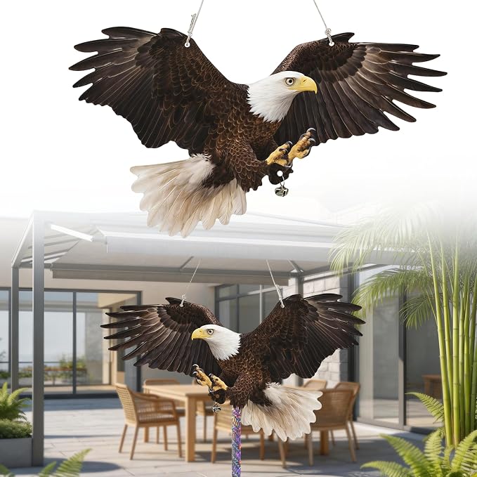Flat Fake Eagle to Keep Pigeon Woodpecker Animals Away, 2 Pack Hanging Fake Eagle with Reflective Tape for Scare Animals Away, Waterproof Outdoor Decor for Garden Balcony Window Backyard Front Porch