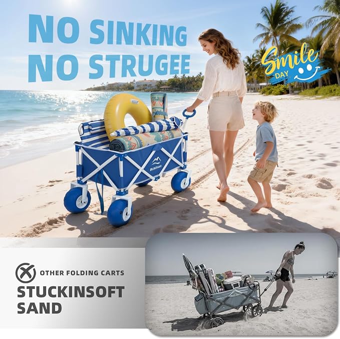Beach Wagon with Big Wheels for Sand, Heavy Duty Harder Sand Collapsible Folding Wagon with All-Terrain 9" Pneumatic Ballon Tires, Utility Wagon for Garden Sports Camping Outdoor Activities