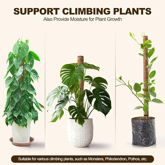 6 Pack Moss Pole for Plants Monstera,Stackable Moss Pole for Plants,Coir Totem Pole Tall for Climbing Plant,Sphagnum,Indoor Potted Plant with Garden Ties and Stem Support (3x17in + 3x12in)