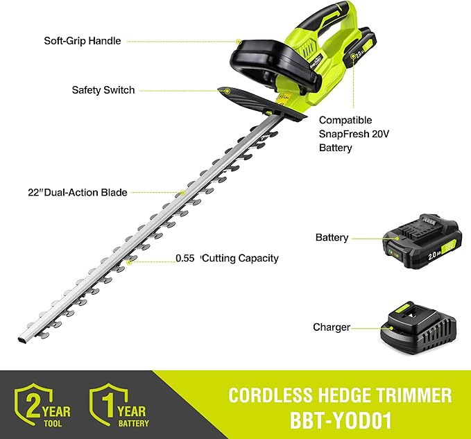 SnapFresh 20V Cordless Hedge Trimmer - 22" Dual-Action Blade,Electric Bush Trimmer,2.0Ah Battery & Fast Charger Included