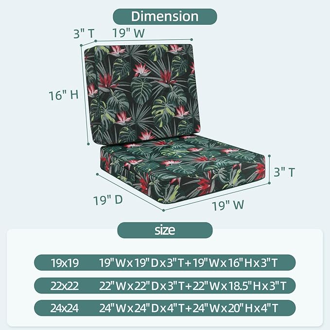 Favoyard Deep Seat Patio Cushion 19 x 19 x 3 in Waterproof Seat & Back Cushion Set with Color Fade Resisitant Pattern, Portable Handle, Attach Straps, Zipper on Removable Cover for Outdoor Furniture