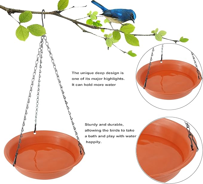 VUWEZ Hanging Bird Bath, Hanging Bird Water Feeder for Outdoors, Feeder Bowl, 1 Pack Birdbath Tray Accessories for Outside, Plastic Birdbaths Tray for Garden Patio Decoration (10", Terra Cotta)