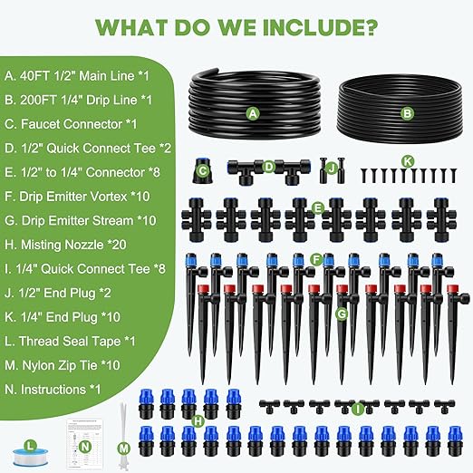 Snowtaros 240FT Quick-Connect Drip Irrigation System, Automatic Garden Watering System Kit with 1/2" & 1/4" Fast-Lock Fittings, Adjustable Sprinklers for Raised Beds, Garden, Greenhouse, Lawn