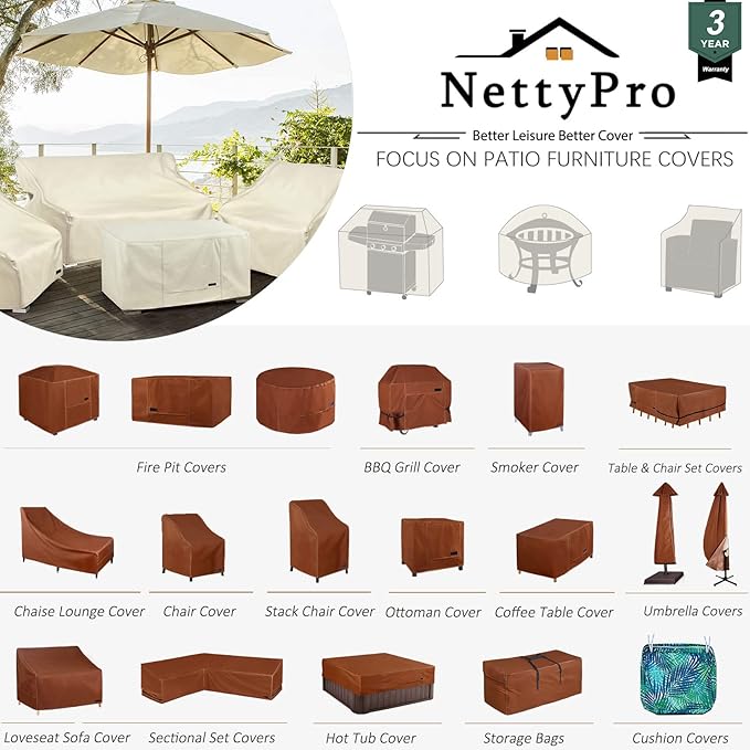 NettyPro Waterproof Ottoman Cover Square 24 x 24 Inch Outdoor Patio Furniture Ottoman Table Cover, Brown