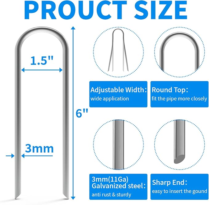MySit 6 Inch 150 Pack U Shaped Garden Stakes, Heavy Duty 11 Gauge Galvanized Drip Irrigation Stakes Landscape Staples for 1/2" to 1-1/2" Soaker Hose, Weed Barrier, Yard Decorations, Fencing