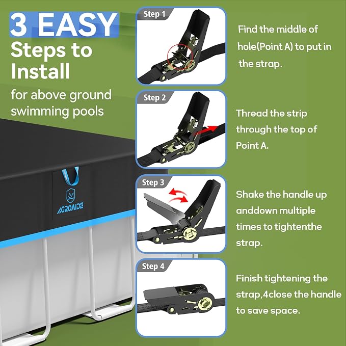9x18 Ft Rectangle Pool Cover, Ultimate Windproof with Fast Tightening Ratchet & Sturdy Nylon Black Strap, 420D Oxford Fabric for All Season Use - Tear Resistant, UV & Dust Proof