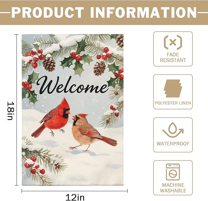 Welcome Winter Garden Flag 12x18 Inch Cardinal Bird Snow Scene Christmas Holiday Seasonal Decorative Yard Flags for Outside Double Sided Outdoor Home Farmhouse Decoration Porch New Year Decor