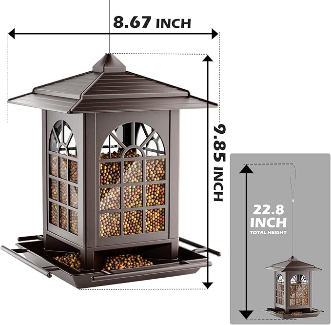 Birdream Bird Feeders for Outdoor Hanging, Assembly Required, 1-Min Easy Setup, Classic Courtyard Design, Attracting Cardinals Chickadees Goldfinches & Sparrows - Brown