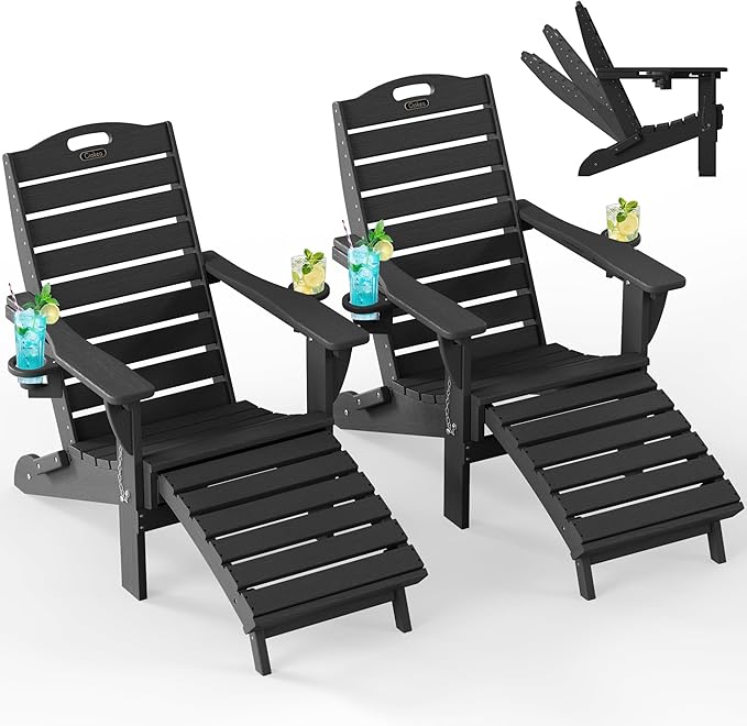 Ciokea Folding Adirondack Chair Set of 2 with Retractable Ottoman Fire Pit Patio Chair with Pull Out Foot Rest Weather Resistant Lawn Outdoor Chair with 2 Cup Holder (Black)