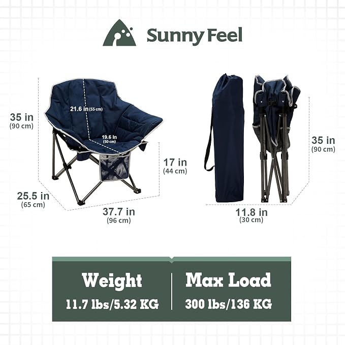 SUNNYFEEL Oversized Camping Chair, Folding Moon Saucer Chair, Padded Cushion, Heavy Duty for Adults 500 LBS, Portable Camp Lawn Chair with Storage for Lounge,Patio,Outdoor,Indoor,Porch
