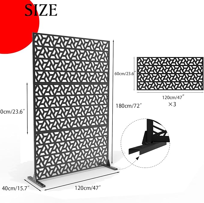 72" h x 47" w Outdoor Metal Privacy Screen, Freestanding Screen Panel with Stand, Privacy Fence and Room/Garden Divider, Weather-Resistant Steel for Patio, Garden, Balcony, or Backyard