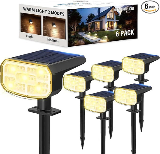 JEJOT Solar Lights Outdoor Waterproof IP65, Super Bright LED, 3000K 2 Lighting Modes, Solar Powered Yard Garden Solar Spot Lights for Outside Landscape Auto On/Off -6 Pack