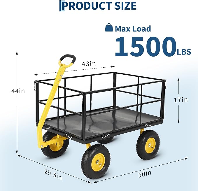 Heavy Duty 1500 Lbs Capacity Mesh Steel Garden Cart Folding Utility Wagon with Removable Sides, Garden Cart on Wheels for Gardening Soil, Tools, and Plant Transport