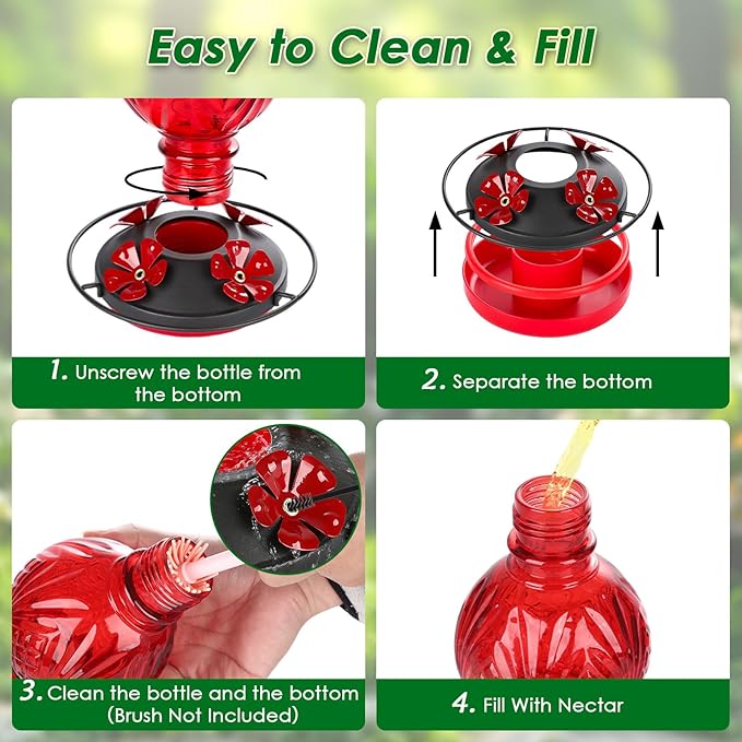 Glass Hummingbird Feeder for Outdoors Hanging, 20oz Bird Nectar Feeder with 4 Bee Guard Flower-Shaped Feeding Ports & Built-in Ant Moat, Easy to Clean, for Bird Lover,2 Pack,Red