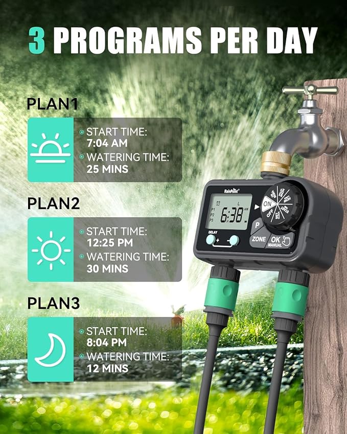 RAINPOINT 2 Zone Water Sprinkler Timer, Digital Programmable Irrigation Timer with Rain Delay & Manual Mode, Automatic Watering Controller for Lawn, Yard & Soaker Hose