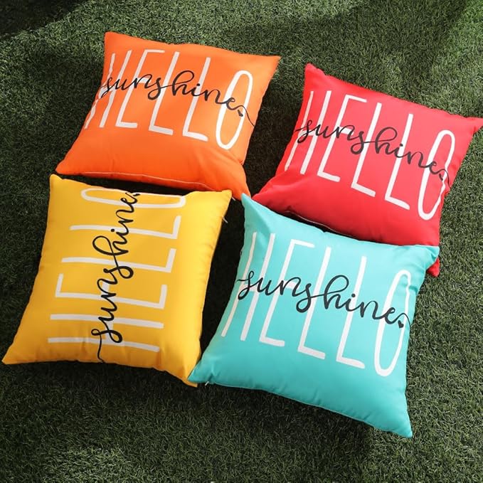 DFXSZ Outdoor Pillow Covers Set of 2 Hello Sunshine Decor Waterproof Throw Pillow Covers Summer Outdoor Waterproof Pillow Covers Decor for Patio Funiture Garden Sofa Couch 22x22 Inch Yellow 20B22