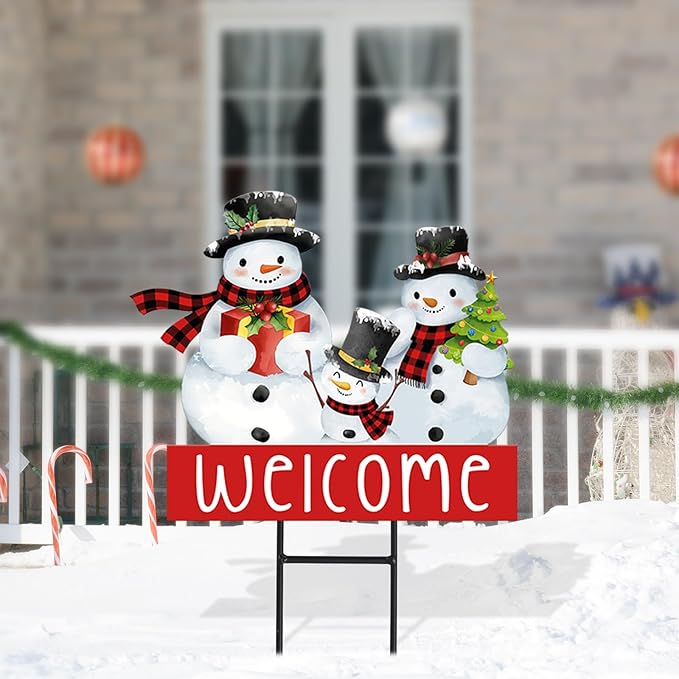 Whaline Christmas Metal Garden Stake Welcome Yard Sign Watercolor Snowman Family Decorative Lawn Sign for Winter Xmas Holiday Home Outside Lawn Porch Walkway Decor