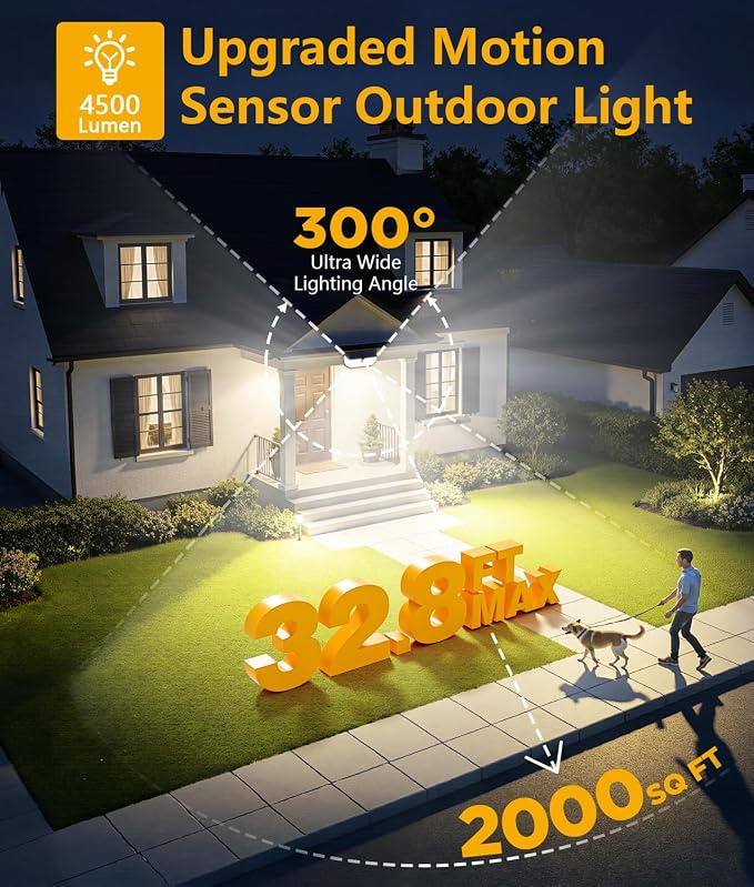 Solar Motion Sensor Lights Outdoor 2Pack, 4500LM & 300° Wide Motion Sensor, 7000K Solar Flood Lights Solar Powered, 3 Lighting Modes Solar Security Spot Lights Waterproof for Fence Wall Yard Deck