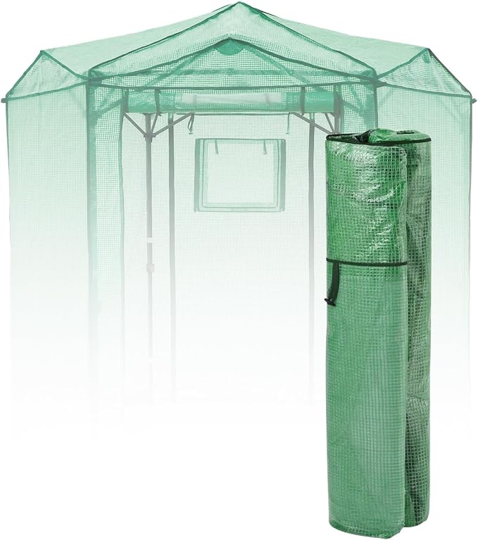 EAGLE PEAK Replacement Cover for 6.6x6.6 ft Hexagon Pop up Greenhouse, Front and Rear Roll-Up Zipper Entry Doors and 2 Roll-Up Side Windows (Frame Not Included), Green