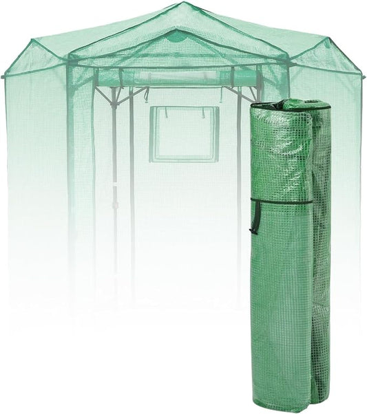 EAGLE PEAK Replacement Cover for 6.6x6.6 ft Hexagon Pop up Greenhouse, Front and Rear Roll-Up Zipper Entry Doors and 2 Roll-Up Side Windows (Frame Not Included), Green