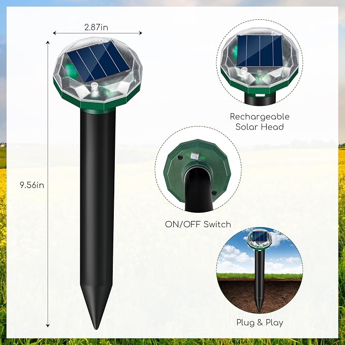 8Pack Solar Powered Mole Repellent for Lawns,IP65 Waterproof Sonic Gopher Repellent for Lawns,Ultrasonic Mole Deterrent Stakes,Get Rid for Groundhog,Woodchuck,Vole,Chipmunk for Yard Garden