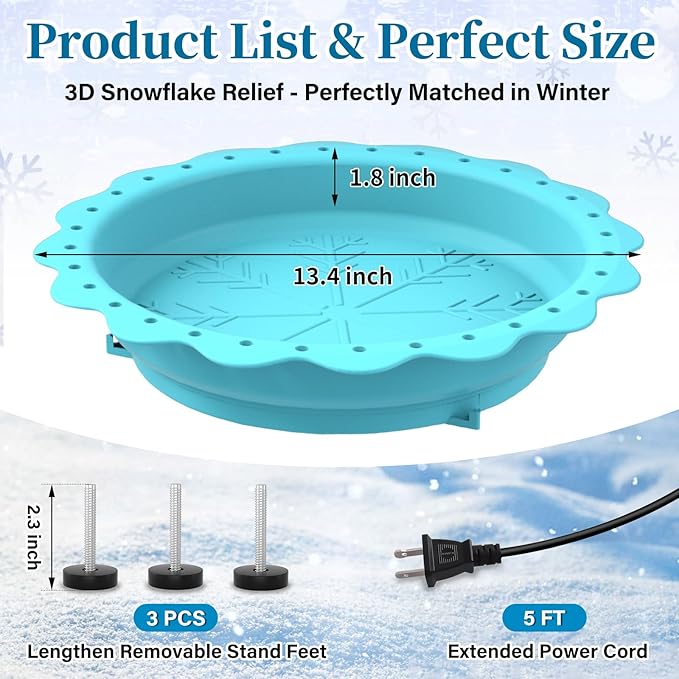 Heated Bird Bath for Outside Winter, Powerful 100W Thermostat Control Heated Bird Baths for Outdoors with 3 Metal Extension Screws, Heated Birdbath Water Heater for Garden Yard Patio Lawn(Blue)