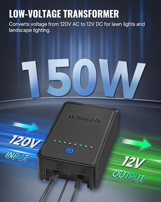 150W Low Voltage Landscape Transformer, Weatherproof Outdoor Low Voltage Transformer, 120V AC to 12V DC, Landscape Lighting Transformer with Timer and Photocell Sensor, ETL Listed A04LT06