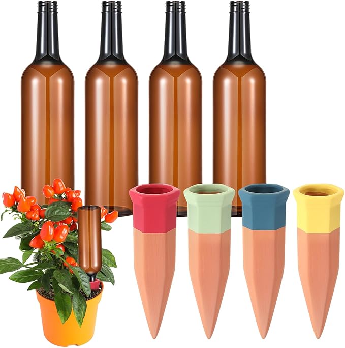 Baderke 8 Pcs 4 Set Plant Watering Devices, Terracotta Watering Spikes with 25 oz Plastic Wine Bottles, Slow Release Vacation Insert Automatic Plant Waterer Devices for Indoor Outdoor