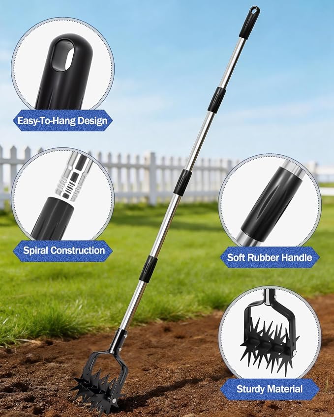 Joyhalo Rotary Cultivator Garden Tool, Manual Hand Tiller with 57in Adjustable Stainless Steel Pole and Parallel-Blades Tines for Reseeding Grass, Soil Aeration, and Small Garden Beds