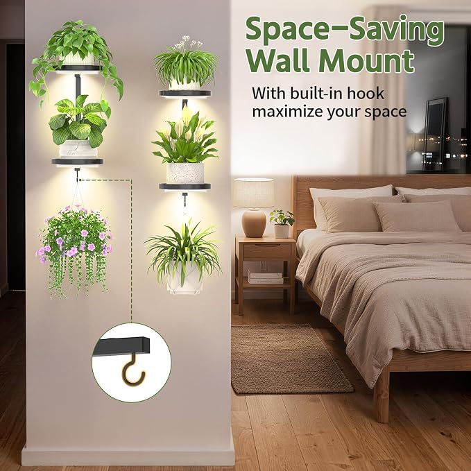 LASZOLA Plant Hangers Shelves Wall Mounted Indoor with Grow Lights, Metal Window Plant Holders, 2Pcs Modern Floating Flower Display Stand with 2 Hooks for Outdoor Kitchen Bathroom Decor, Dark Grey