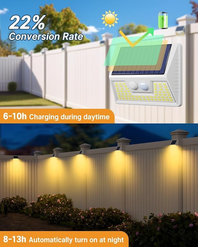 Vighep 4 Pack Solar Fence Lights Waterproof, Motion Sensor Deck, Warm White LED Outside Wireless for Wall, Yard, Garden - White