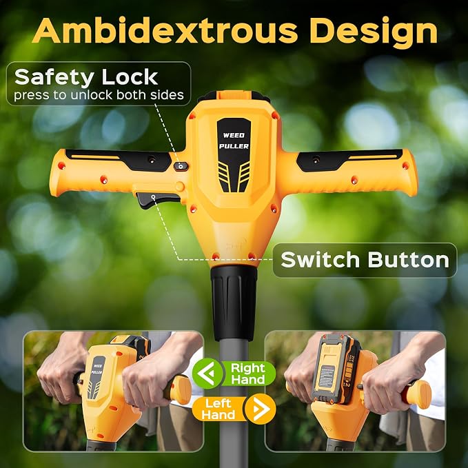 Weed Puller Tool, 21V Powerful Electric Weeder Tool with 2.0Ah Battery and Charger, Garden Tools Weed Remover Tool with 3-Claw Steel Head for Smooth Weeding, Ideal Gifts for Men Women Mom Dad, Yellow