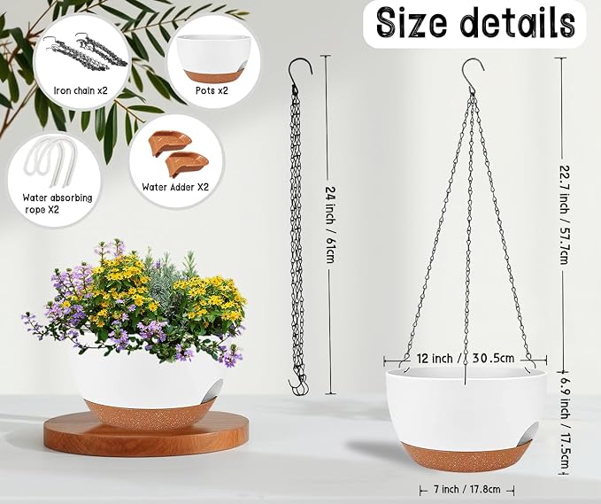 12" Self Watering Hanging Planters with Chains, White Brown, 2 Pack | 43 Oz removable self-watering reservoir, for indoor/outdoor plants, patio & garden