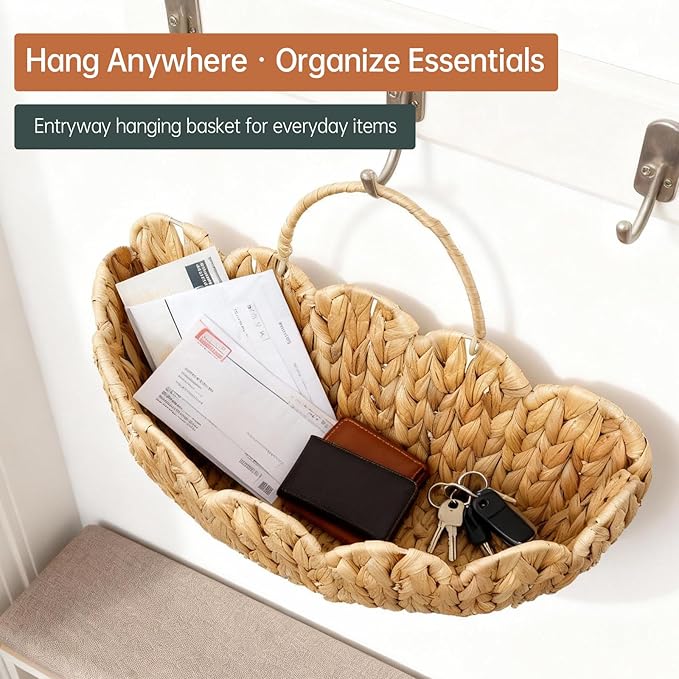 Coeusy Wicker Hanging Basket,Scalloped Wall Basket for Organizing & Decor,Woven Water Hyacinth Hanging Wall Baskets for Flower,Mail,Stuffed Animals,Hanging Storage Baskets for Wall,Door,Nursery