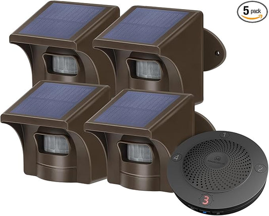 eMACROS Solar Wireless Driveway Alarm System (1/2 Mile Range, 1 Receiver & 4 Solar Sensors) - Weatherproof Outdoor Motion Detector for Farm, Long Driveway & Property Security